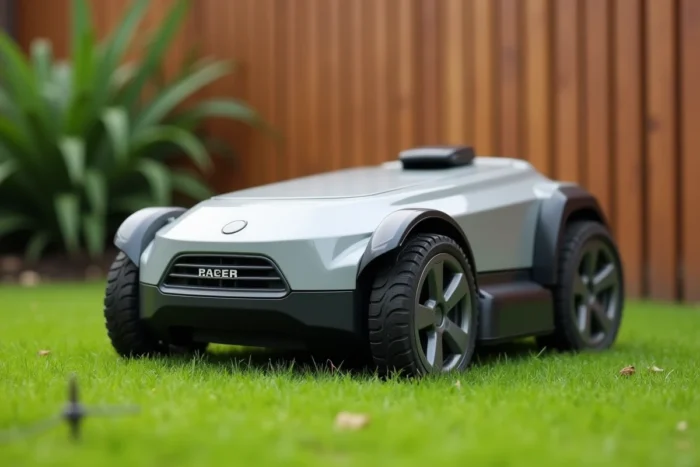 Gros plan sur le robot tondeuse Parkside Lidl posé sur la pelouse avec détails de la coque et des roues