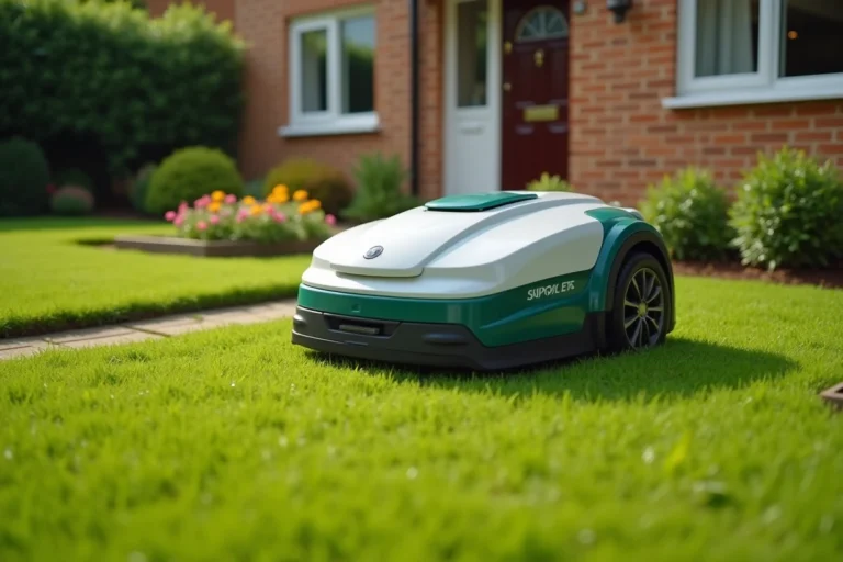 Robot tondeuse Parkside de Lidl en fonctionnement autonome dans un jardin suburban bien entretenu