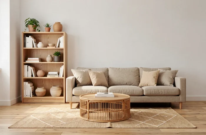 Salon moderne aménagé avec bibliothèque en chêne, canapé en lin beige et table basse en rotin pour un intérieur pratique et stylé