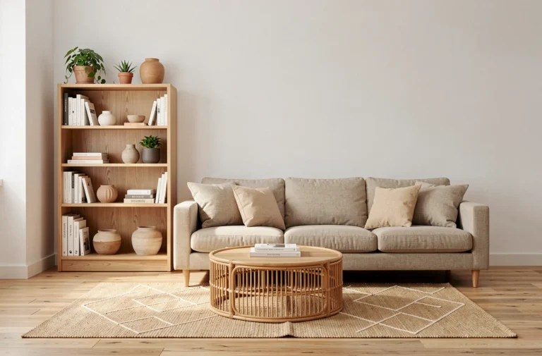Salon moderne aménagé avec bibliothèque en chêne, canapé en lin beige et table basse en rotin pour un intérieur pratique et stylé