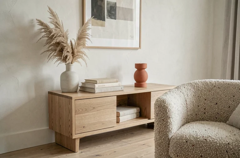 Coin salon scandinave moderne avec console en chêne, vase en céramique et fauteuil boucle blanc cassé pour une décoration intérieure tendance