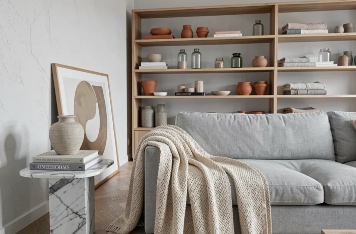 Salon de style scandinave avec des équipements de décoration intérieure soigneusement sélectionnés et harmonieusement disposés
