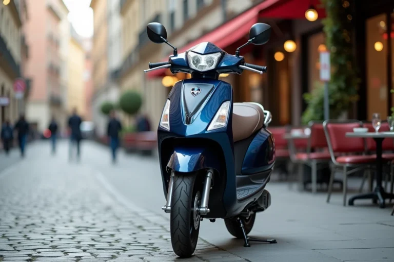 Scooter sans permis 50cc garé sur un trottoir pavé urbain avec carrosserie bleue métallisée et finitions chromées