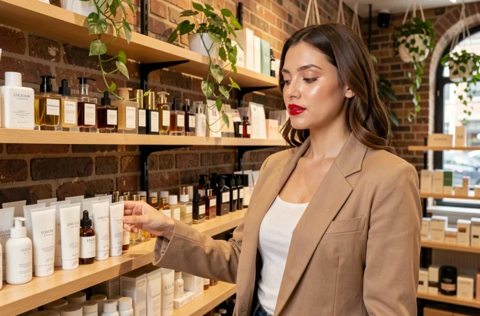 Jeune femme aux lèvres rouges glossy explorant des produits de beauté dans une boutique concept parisienne tendance 2024