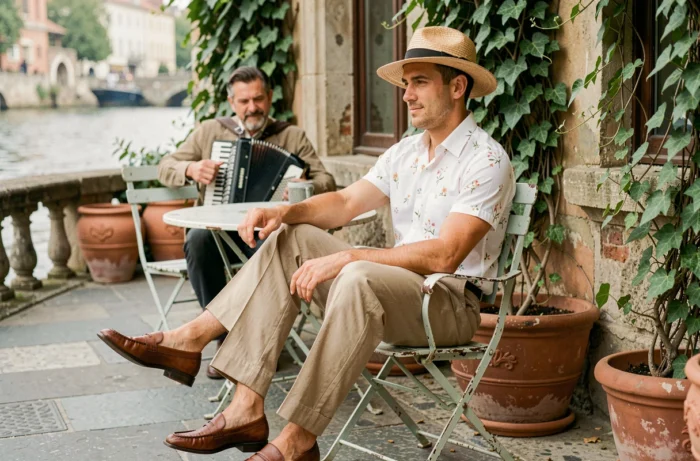 Jeune homme en style guinguette 1950 avec chapeau canotier et chemise fleurie attablé à une terrasse de café vintage