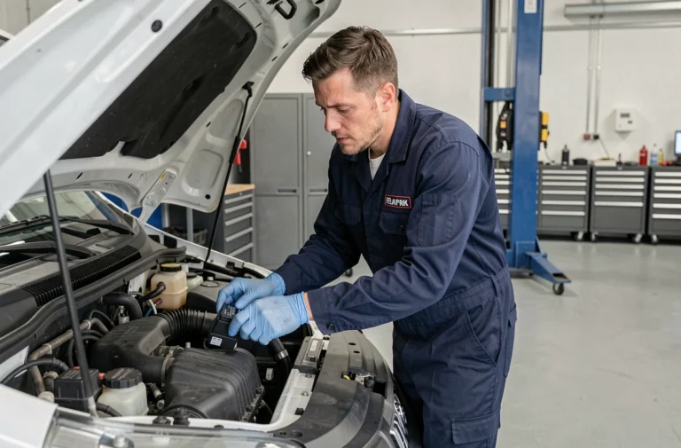 Technicien automobile inspectant le module antidémarrage d'un Peugeot Boxer dans un garage professionnel