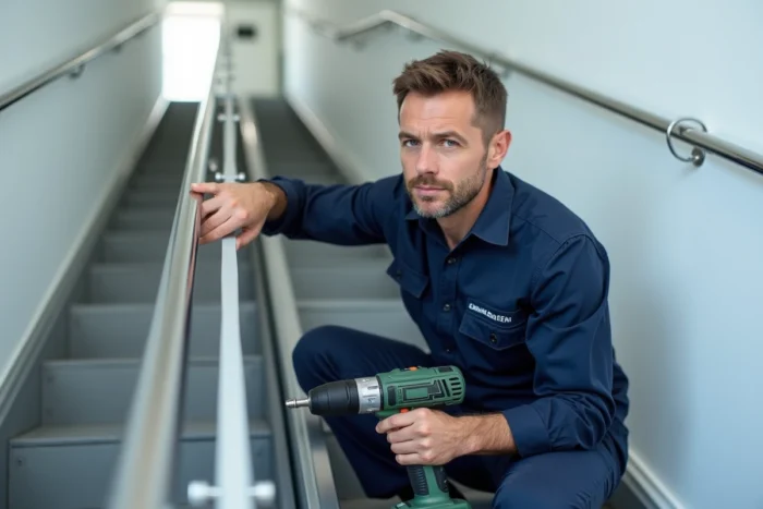 Un technicien installe un monte-escalier sur un escalier droit dans un appartement moderne