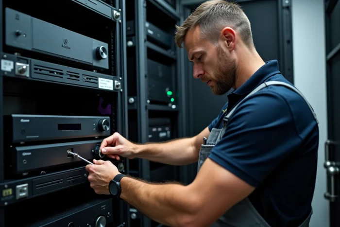 Technicien installant un système de ventilation silencieux dans un rack AV pour salle de home cinéma