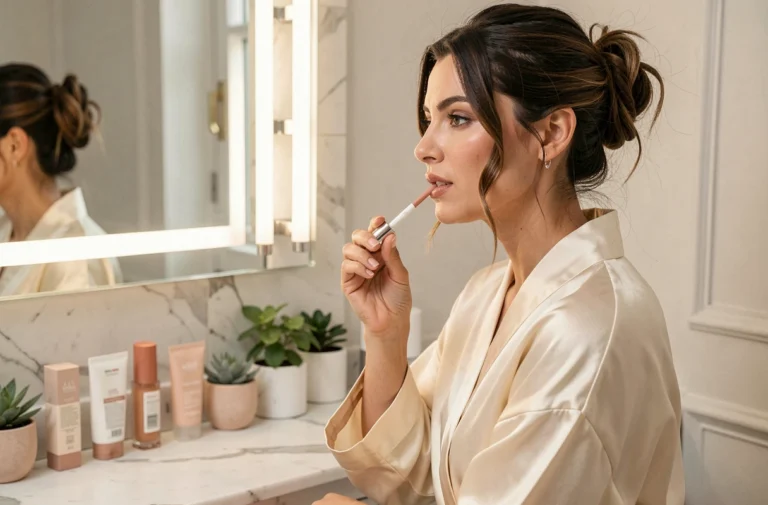Femme appliquant un gloss nude devant un miroir de salle de bain en marbre blanc, tendances beauté 2024