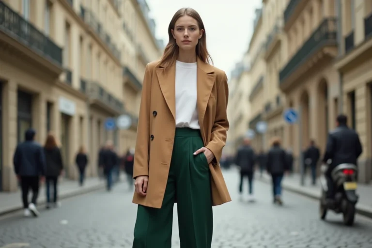 Femme élégante portant un blazer oversize camel et un pantalon large vert forêt dans une rue pavée parisienne, tendances mode automne-hiver