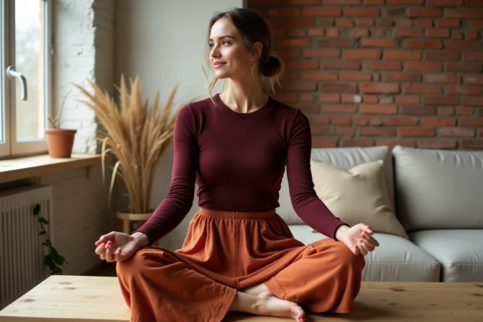 Femme portant une jupe midi en lin terracotta et un haut bordeaux côtelé dans un appartement de style scandinave, tendances mode bohème contemporaine