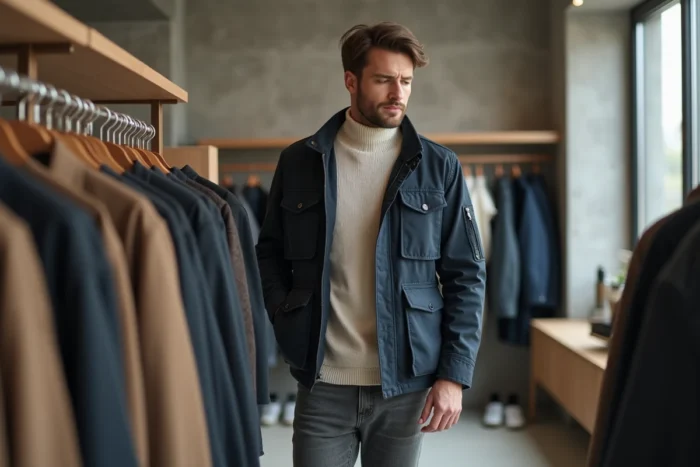 Homme en pull col roulé côtelé et veste utilitaire marine dans un concept store minimaliste, look mode masculin tendance