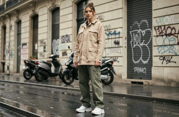 Jeune femme en tenue streetwear urbaine avec veste utilitaire beige et cargo pants olive dans une rue parisienne