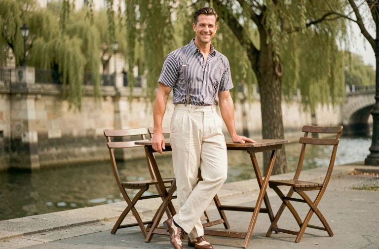 Homme en tenue guinguette années 50 avec pantalon taille haute en lin, chemise rayée et bretelles au bord de la Seine