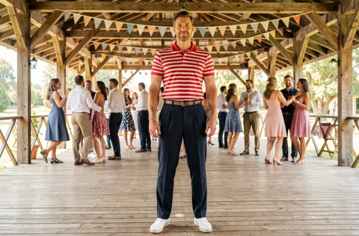 Homme en marinière rayée et espadrilles dans une tenue guinguette années 50 sur une piste de danse en plein air