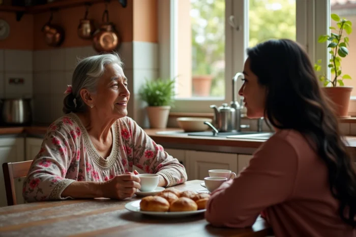 Deux générations de femmes aux origines libanaises partageant un café arabe dans une cuisine familiale traditionnelle