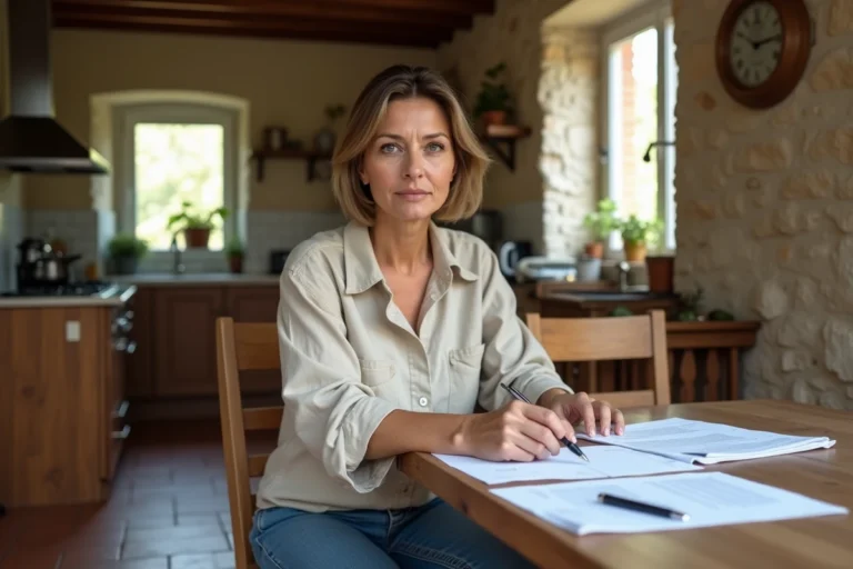 Femme signant des documents de vente immobilière lors d'un divorce près de Carcassonne