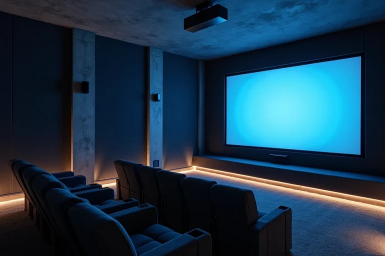Salle de home cinéma avec grille de ventilation intégrée dans les panneaux acoustiques et rangées de fauteuils gris