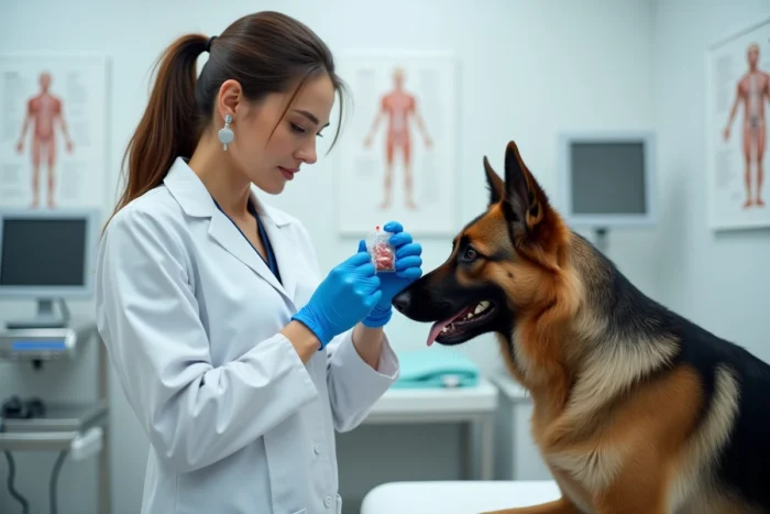 Vétérinaire en blouse blanche présentant un échantillon de viande à un berger allemand lors d'un examen clinique, illustrant les capacités olfactives des chiens