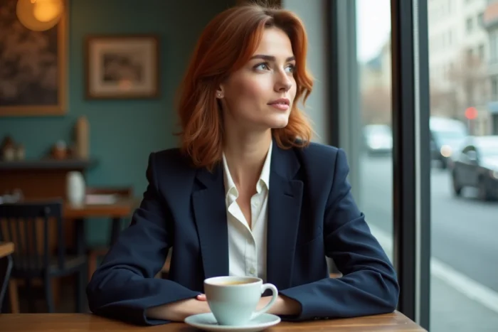 Femme aux cheveux auburn assise dans un café, évoquant la vie privée et discrète d'une personnalité féminine liée au monde du cinéma américain