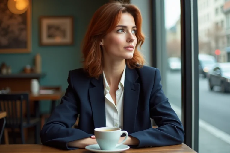 Femme aux cheveux auburn assise dans un café, évoquant la vie privée et discrète d'une personnalité féminine liée au monde du cinéma américain