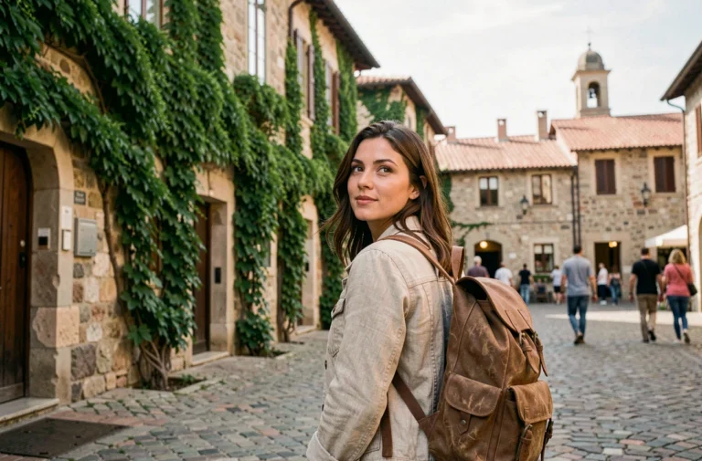 Voyageuse explorant une vieille ville européenne aux pavés et façades en pierre, incarnant les activités incontournables lors d'un voyage culturel